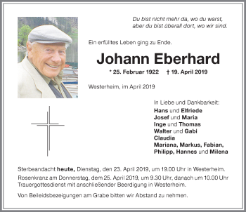 Traueranzeige von Johann Eberhard von Memminger Zeitung