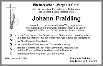Traueranzeige von Johann Fraidling von Allgäuer Zeitung, Marktoberdorf