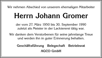 Traueranzeige von Johann Gromer von Allgäuer Zeitung, Marktoberdorf