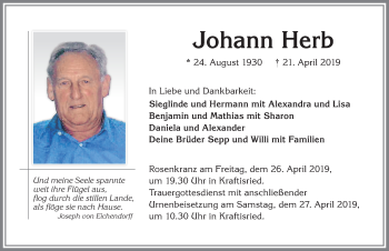 Traueranzeige von Johann Herb von Allgäuer Zeitung, Marktoberdorf
