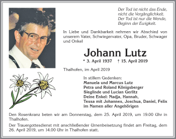 Traueranzeige von Johann Lutz von Allgäuer Zeitung, Marktoberdorf