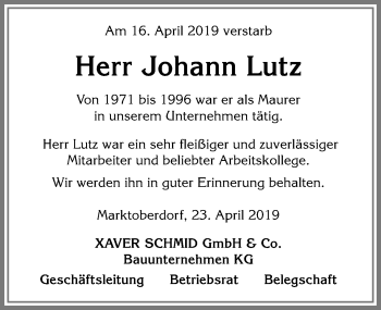 Traueranzeige von Johann Lutz von Allgäuer Zeitung, Marktoberdorf