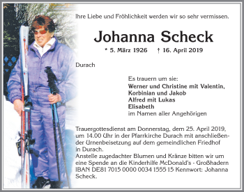 Traueranzeige von Johanna Scheck von Allgäuer Zeitung,Kempten