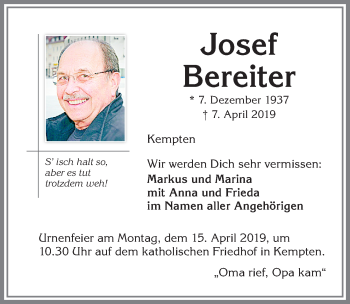 Traueranzeige von Josef Bereiter von Allgäuer Zeitung,Kempten