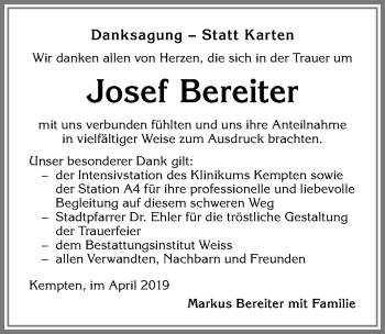 Traueranzeige von Josef Bereiter von Allgäuer Zeitung,Kempten
