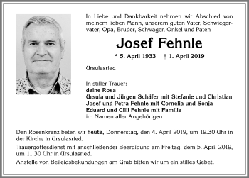 Traueranzeige von Josef Fehnle von Allgäuer Zeitung,Kempten