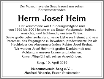 Traueranzeige von Josef Heim von Allgäuer Zeitung, Füssen