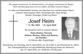 Traueranzeige von Josef Heim von Allgäuer Zeitung, Füssen
