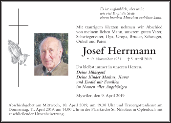 Traueranzeige von Josef Herrmann von Der Westallgäuer