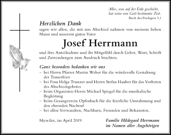 Traueranzeige von Josef Herrmann von Der Westallgäuer