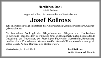 Traueranzeige von Josef Kollross von Allgäuer Anzeigeblatt