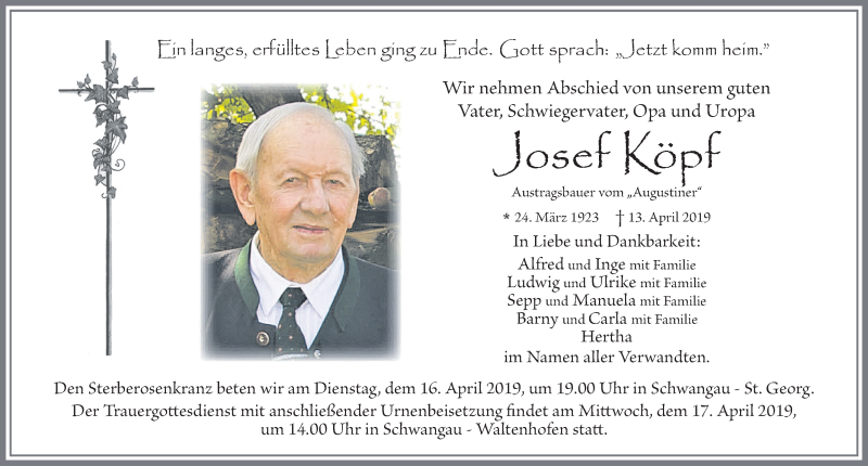  Traueranzeige für Josef Köpf vom 15.04.2019 aus Allgäuer Zeitung, Füssen