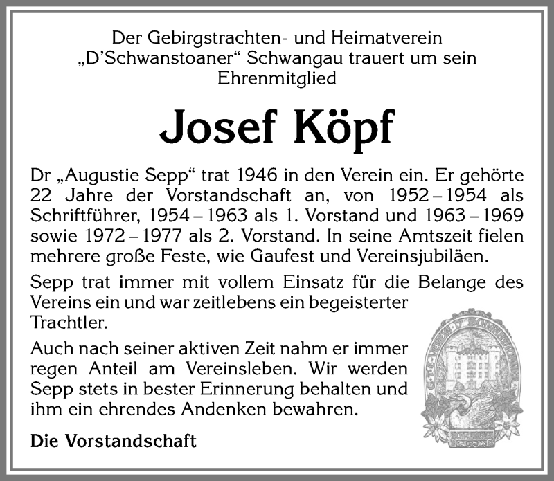  Traueranzeige für Josef Köpf vom 16.04.2019 aus Allgäuer Zeitung, Füssen