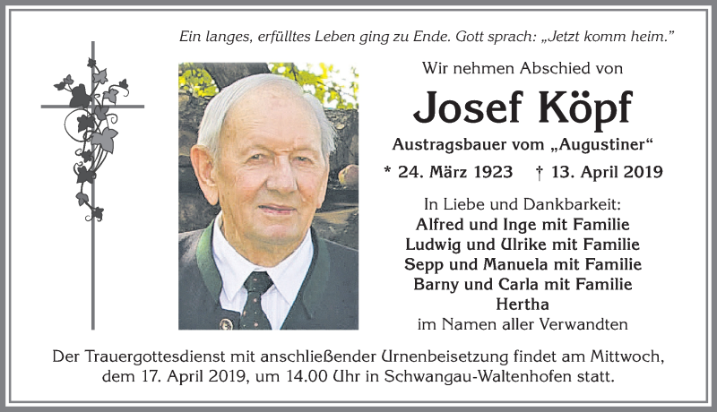  Traueranzeige für Josef Köpf vom 15.04.2019 aus Allgäuer Anzeigeblatt
