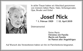 Traueranzeige von Josef Nick von Allgäuer Zeitung,Kempten