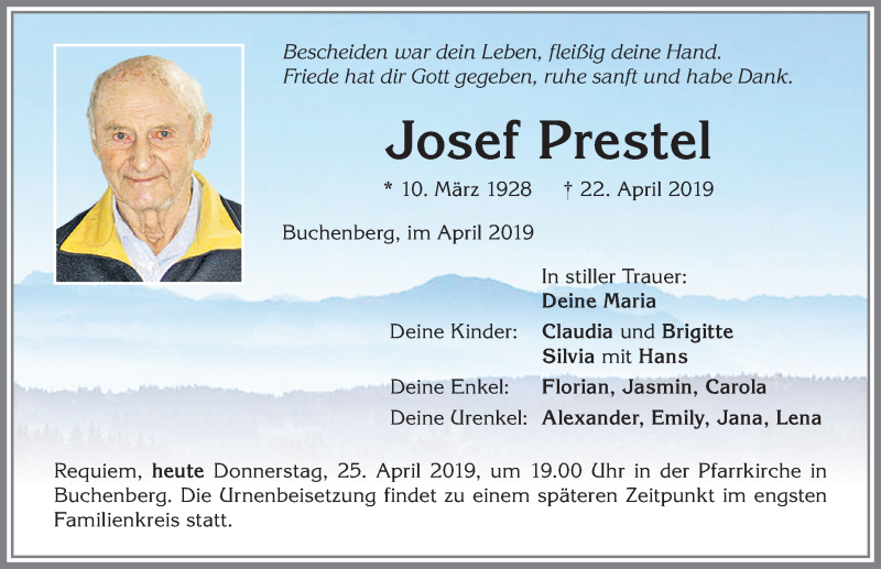  Traueranzeige für Josef Prestel vom 25.04.2019 aus Allgäuer Zeitung,Kempten