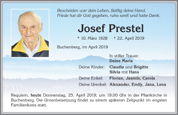Traueranzeige von Josef Prestel von Allgäuer Zeitung,Kempten