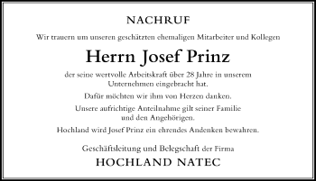Traueranzeige von Josef Prinz von Der Westallgäuer
