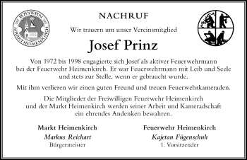 Traueranzeige von Josef Prinz von Der Westallgäuer
