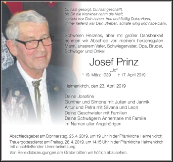 Traueranzeige von Josef Prinz von Der Westallgäuer