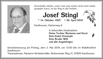 Traueranzeige von Josef Stingl von Allgäuer Zeitung, Kaufbeuren/Buchloe
