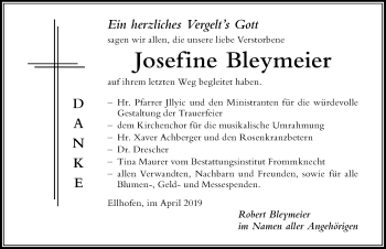 Traueranzeige von Josefine Bleymeier von Der Westallgäuer
