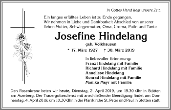 Traueranzeige von Josefine Hindelang von Allgäuer Zeitung, Marktoberdorf