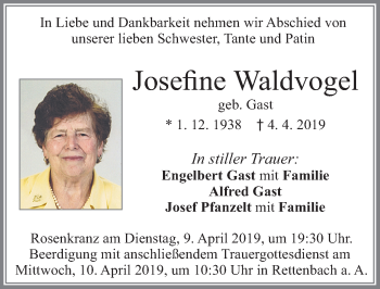 Traueranzeige von Josefine Waldvogel von Allgäuer Zeitung, Marktoberdorf