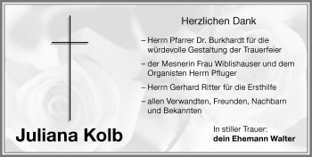 Traueranzeige von Juliana Kolb von Memminger Zeitung