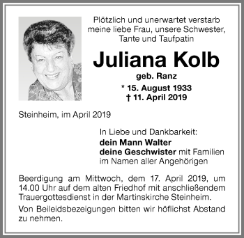 Traueranzeige von Juliane Kolb von Memminger Zeitung