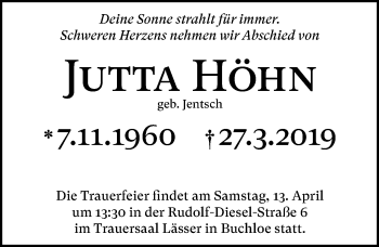 Traueranzeige von Jutta Höhn von Allgäuer Zeitung, Kaufbeuren/Buchloe