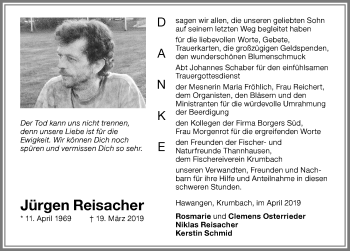 Traueranzeige von Jürgen Reisacher von Memminger Zeitung