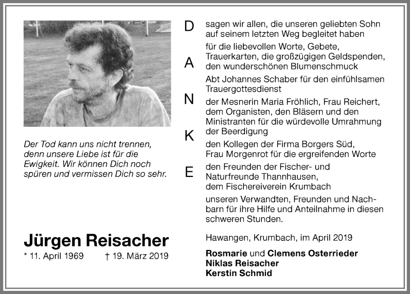  Traueranzeige für Jürgen Reisacher vom 20.04.2019 aus Memminger Zeitung