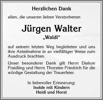 Traueranzeige von Jürgen Walter von Allgäuer Zeitung, Kaufbeuren/Buchloe