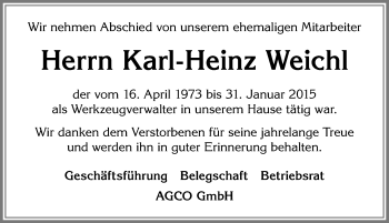 Traueranzeige von Karl-Heinz Weichl von Allgäuer Zeitung, Marktoberdorf