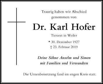 Traueranzeige von Karl Hofer von Der Westallgäuer