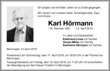 Traueranzeige von Karl Hörmann von Allgäuer Zeitung