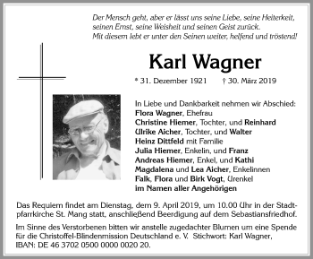 Traueranzeige von Karl Wagner von Allgäuer Zeitung, Füssen