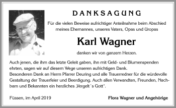 Traueranzeige von Karl Wagner von Allgäuer Zeitung, Füssen
