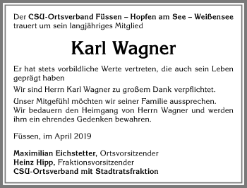 Traueranzeige von Karl Wagner von Allgäuer Zeitung, Füssen
