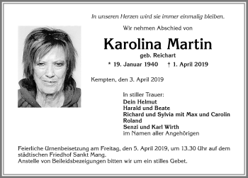 Traueranzeige von Karolina Martin von Allgäuer Zeitung,Kempten