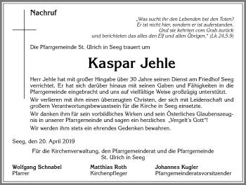 Traueranzeige von Kaspar Jehle von Allgäuer Zeitung, Füssen
