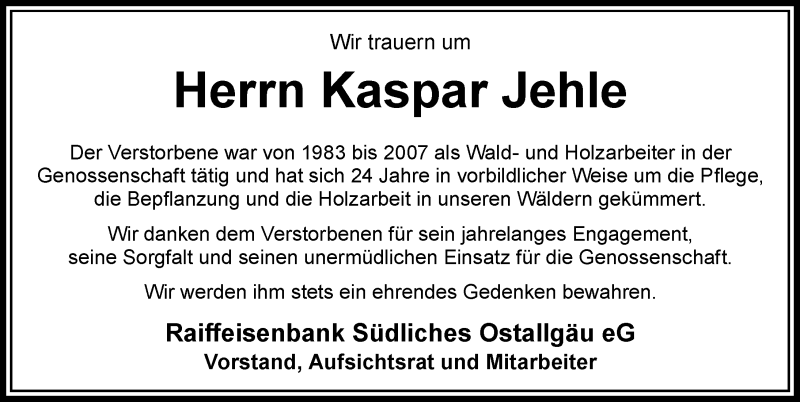  Traueranzeige für Kaspar Jehle vom 18.04.2019 aus Allgäuer Zeitung, Füssen