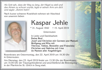 Traueranzeige von Kaspar Jehle von Allgäuer Zeitung, Füssen