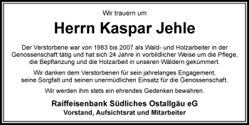 Traueranzeige von Kaspar Jehle von Allgäuer Zeitung, Füssen