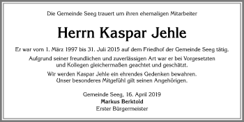 Traueranzeige von Kaspar Jehle von Allgäuer Zeitung, Füssen