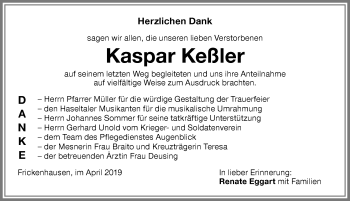 Traueranzeige von Kaspar Keßler von Memminger Zeitung