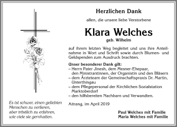 Traueranzeige von Klara Welches von Allgäuer Zeitung, Marktoberdorf