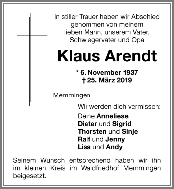 Traueranzeige von Klaus Arendt von Memminger Zeitung