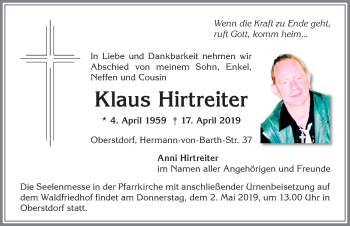 Traueranzeige von Klaus Hirtreiter von Allgäuer Anzeigeblatt